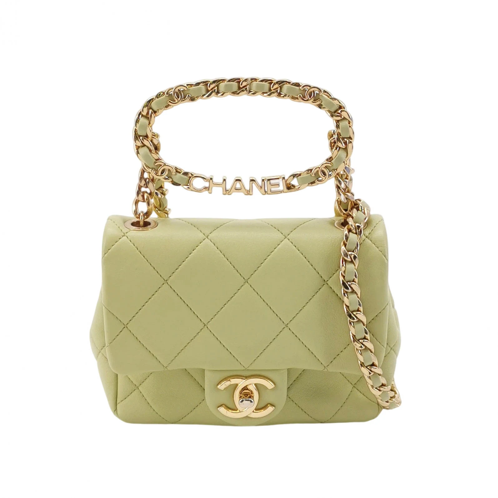 Chanel Green Quilted Lambskin Top Handle Bag