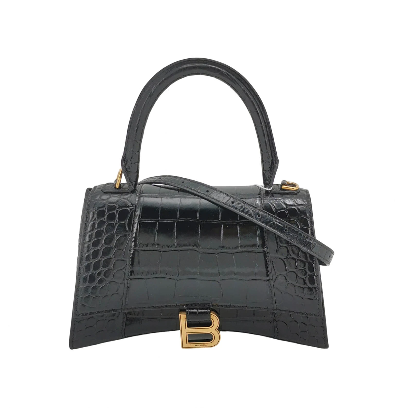 Balenciaga Hourglass S Black Croc-Embossed Calfskin