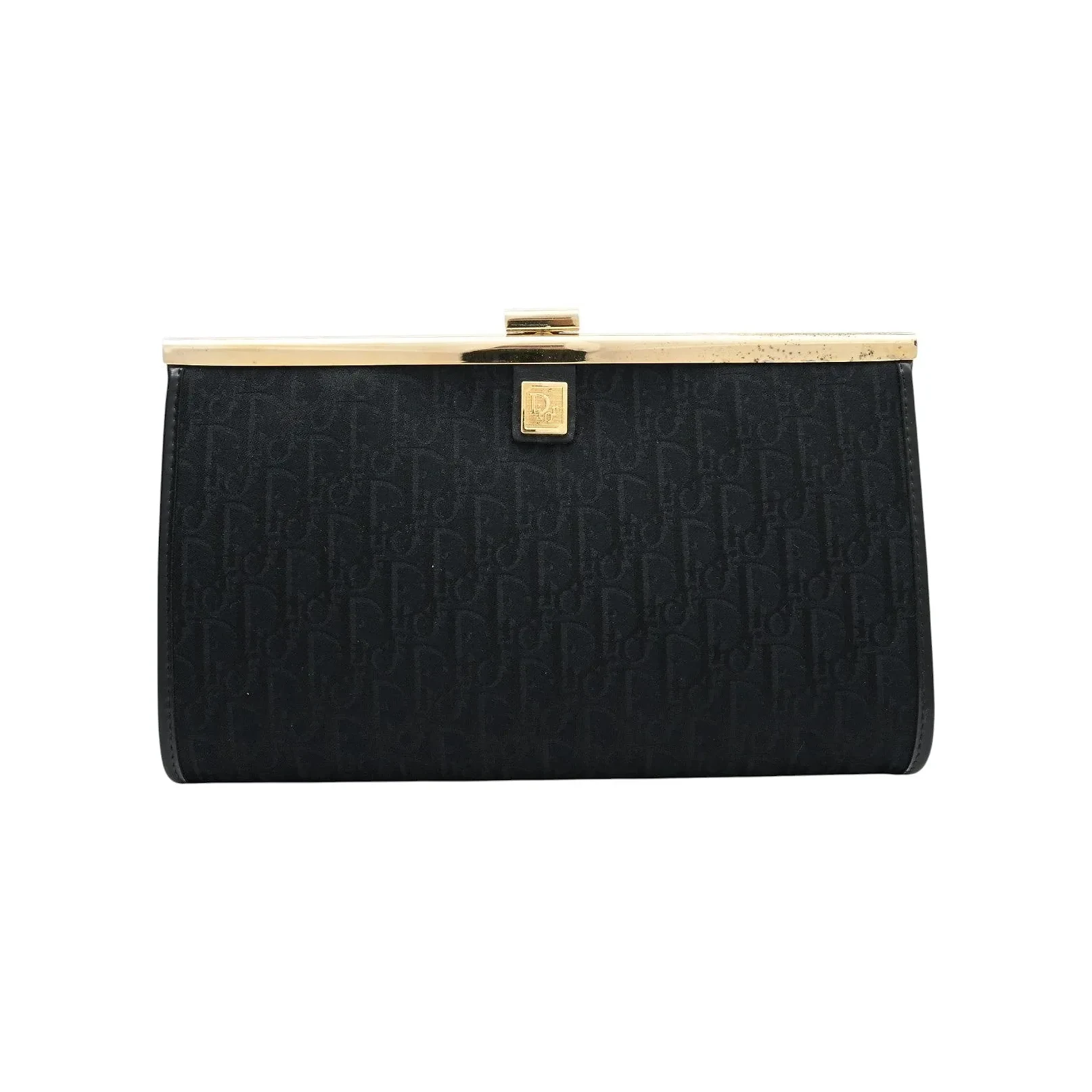 Logo Plate Trotter Pattern Clasp Clutch Bag Black