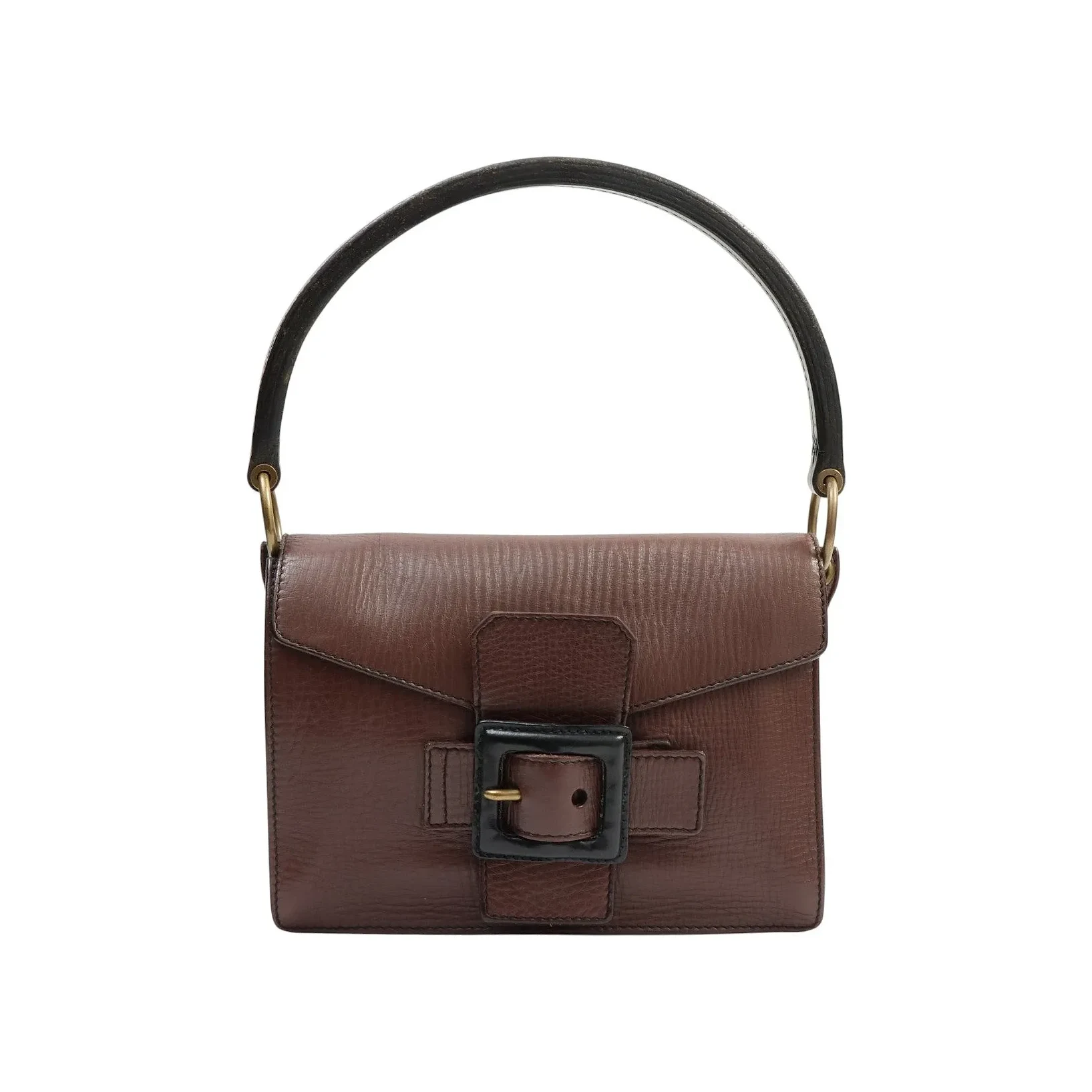 Logo Embossed Square Buckle One-Shoulder Bag Brown