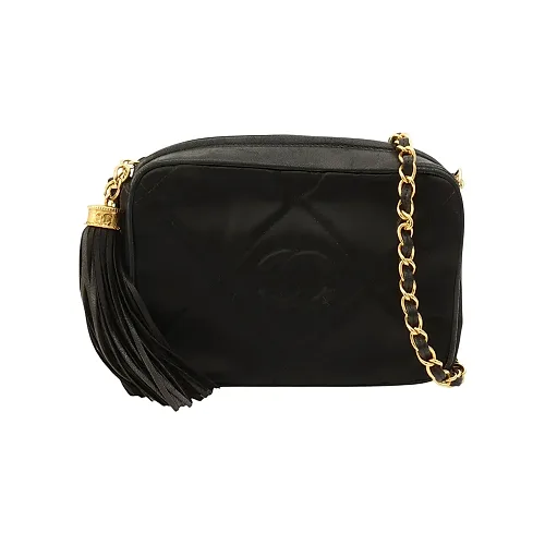 Vintage Chanel Silk Satin CC Mark Stitch Tassel Chain Shoulder Bag Black from around 1985-1990
