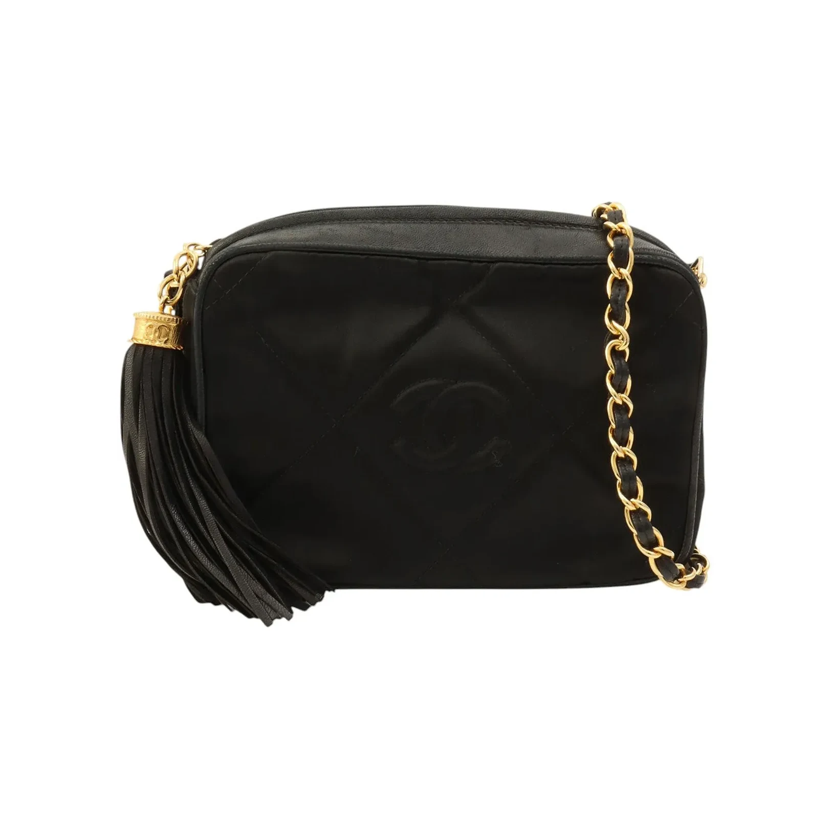Vintage Chanel Silk Satin CC Mark Stitch Tassel Chain Shoulder Bag Black from around 1985-1990