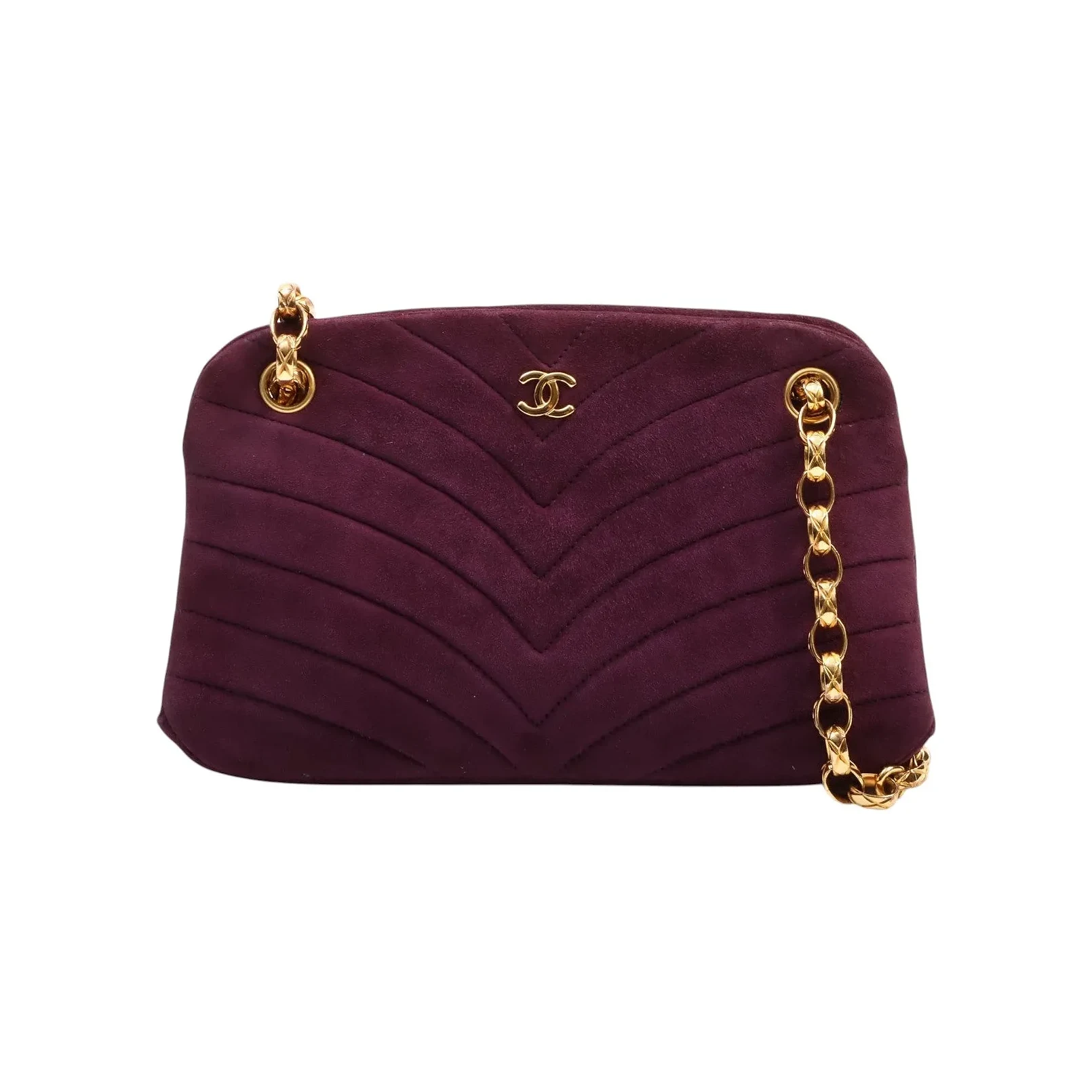 Circa 1990 Velvet Chevron Stitch Bijou Chain Frame Shoulder Bag Purple