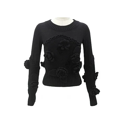 2007 Camellia motif CC mark plate knit top Black Knit/Sweater