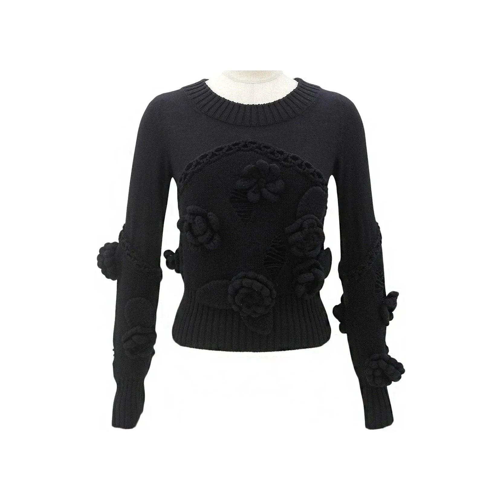 2007 Camellia motif CC mark plate knit top Black Knit/Sweater