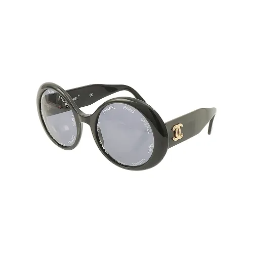 Oval Sunglasses with Side CC Logo Plate, Black