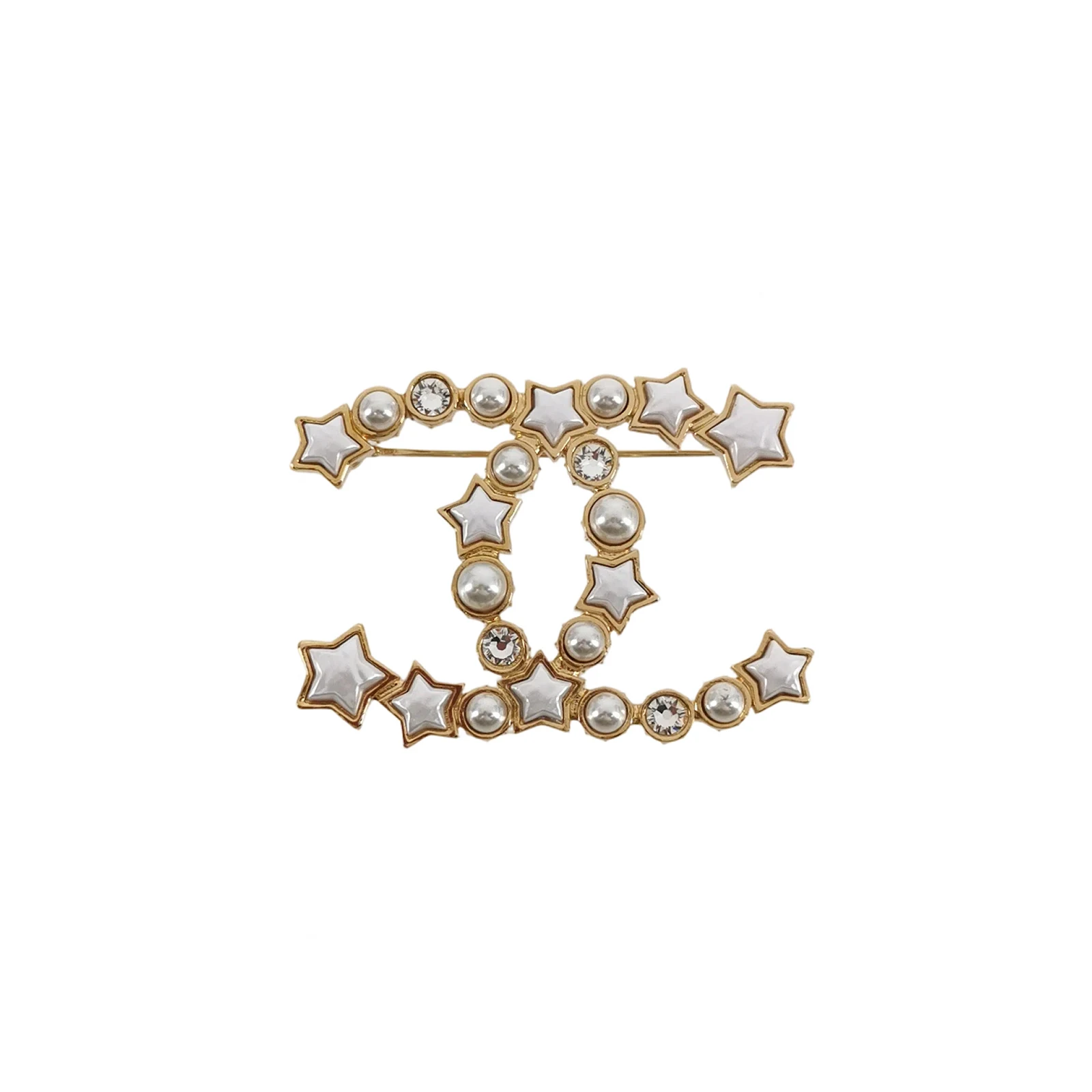 Chanel 24C Double C Logo Brooch, Gold-Tone Faux Crystal & Faux Pearl