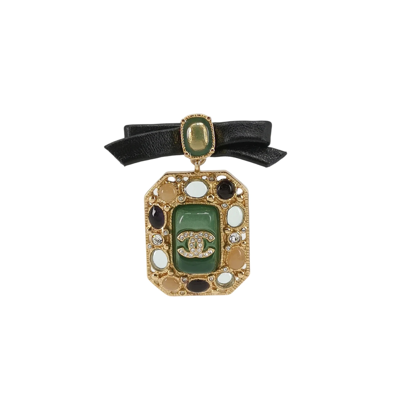 Chanel 24A Double C Logo Brooch, Gold-Tone Faux Crystal & Leather