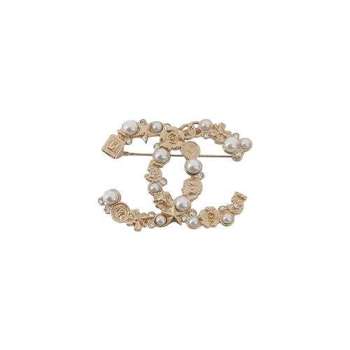 Chanel 22V Double C Logo Brooch, Gold-Tone Faux Crystal & Faux Pearl