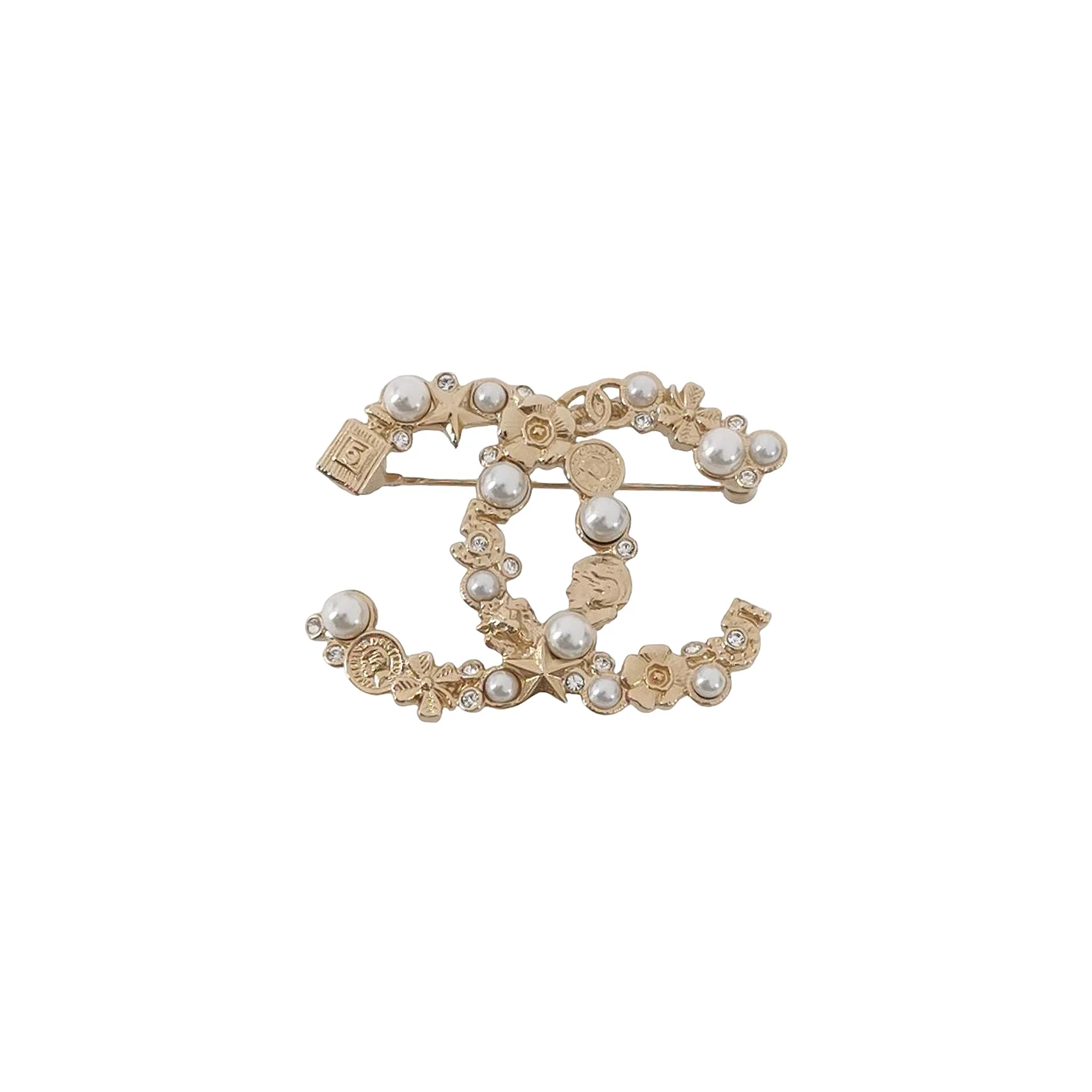 Chanel 22V Double C Logo Brooch, Gold-Tone Faux Crystal & Faux Pearl