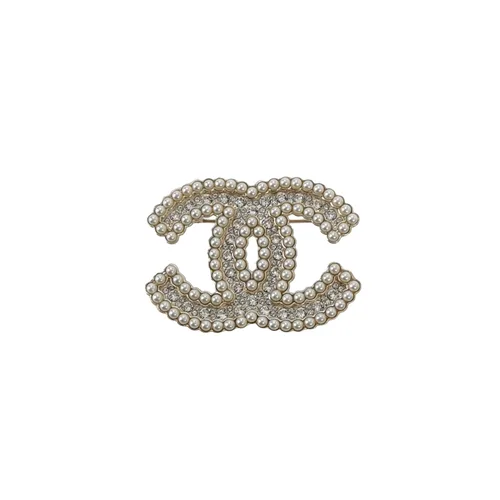 Chanel 21K Double C Logo Brooch, Faux Crystal & Faux Pearl