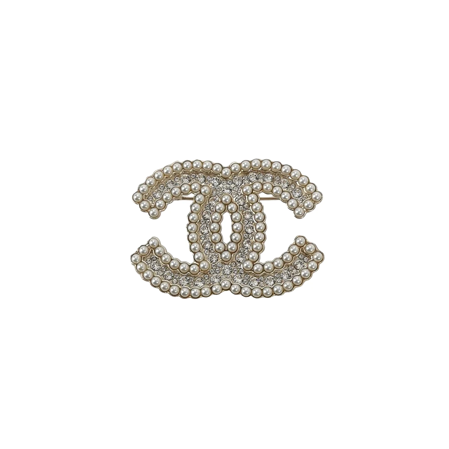 Chanel 21K Double C Logo Brooch, Faux Crystal & Faux Pearl