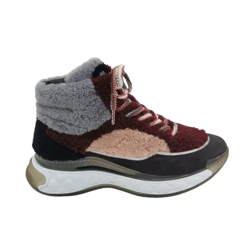 Chanel Lace-Up Sneakers, Red Color-Block Suede