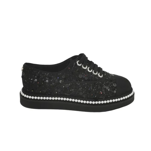 Chanel Lace-Up Sneakers, Nylon with Sequin & Pearl Embellishment