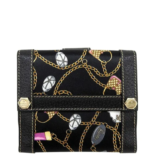 Satin Multi-Motif Double-Hook Wallet - Black
