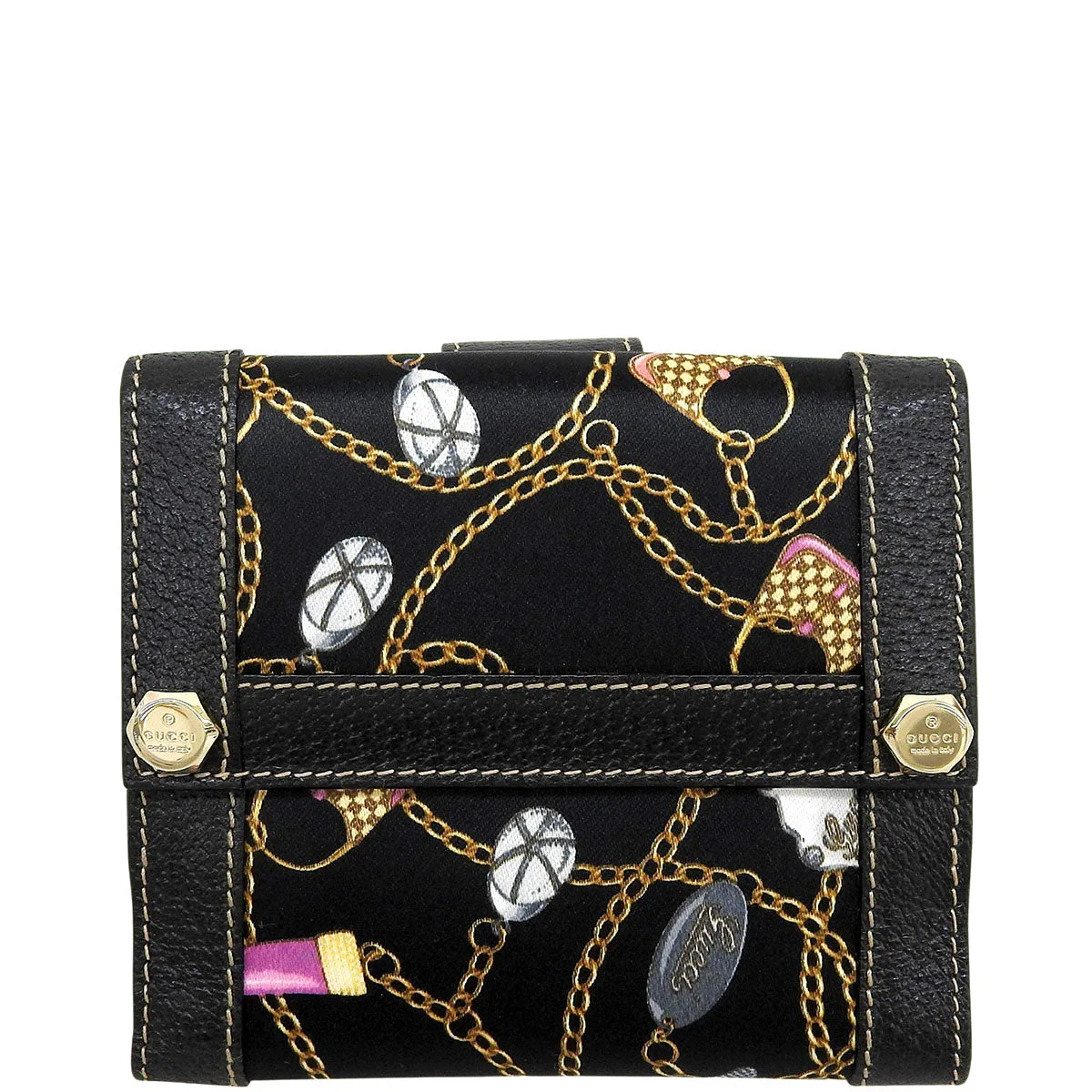Satin Multi-Motif Double-Hook Wallet - Black