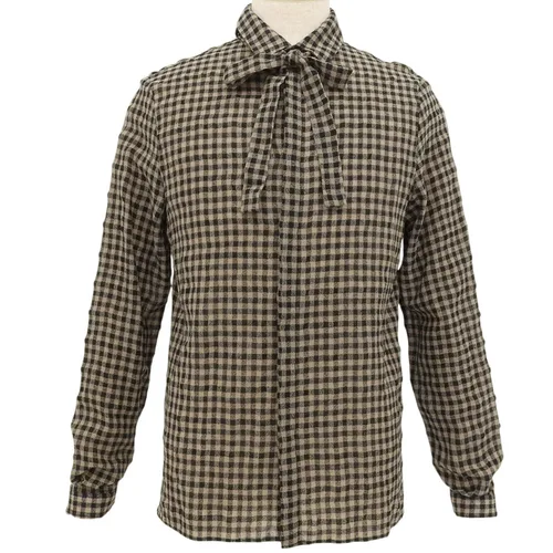 Checked Pattern Ribbon Tie Shirt #40 Brown/Black Shirt/Blouse