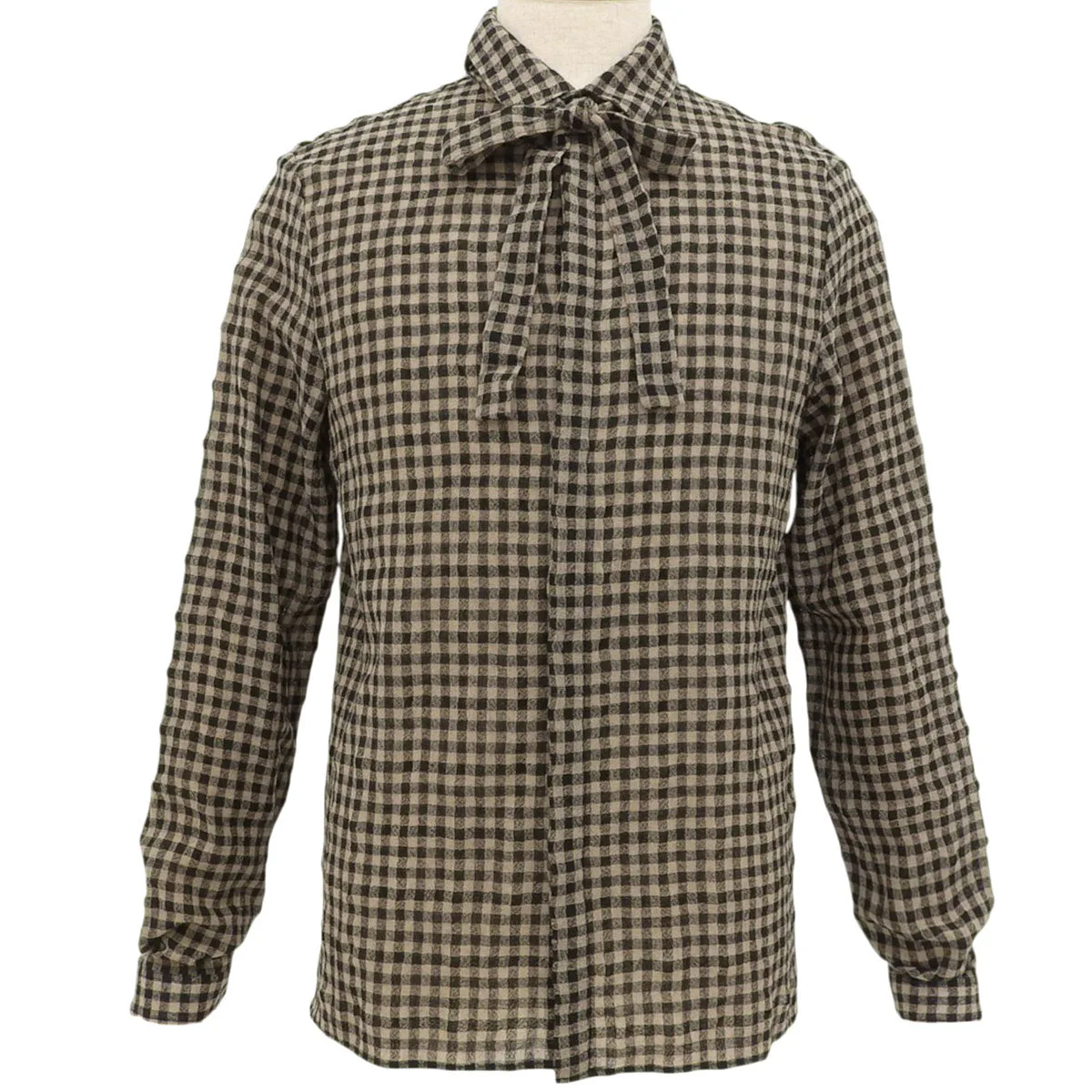 Checked Pattern Ribbon Tie Shirt #40 Brown/Black Shirt/Blouse