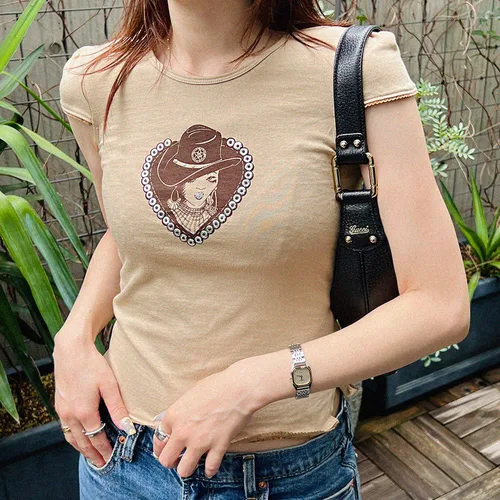 Rhinestone Cowgirl Motif T-shirt #12 Beige