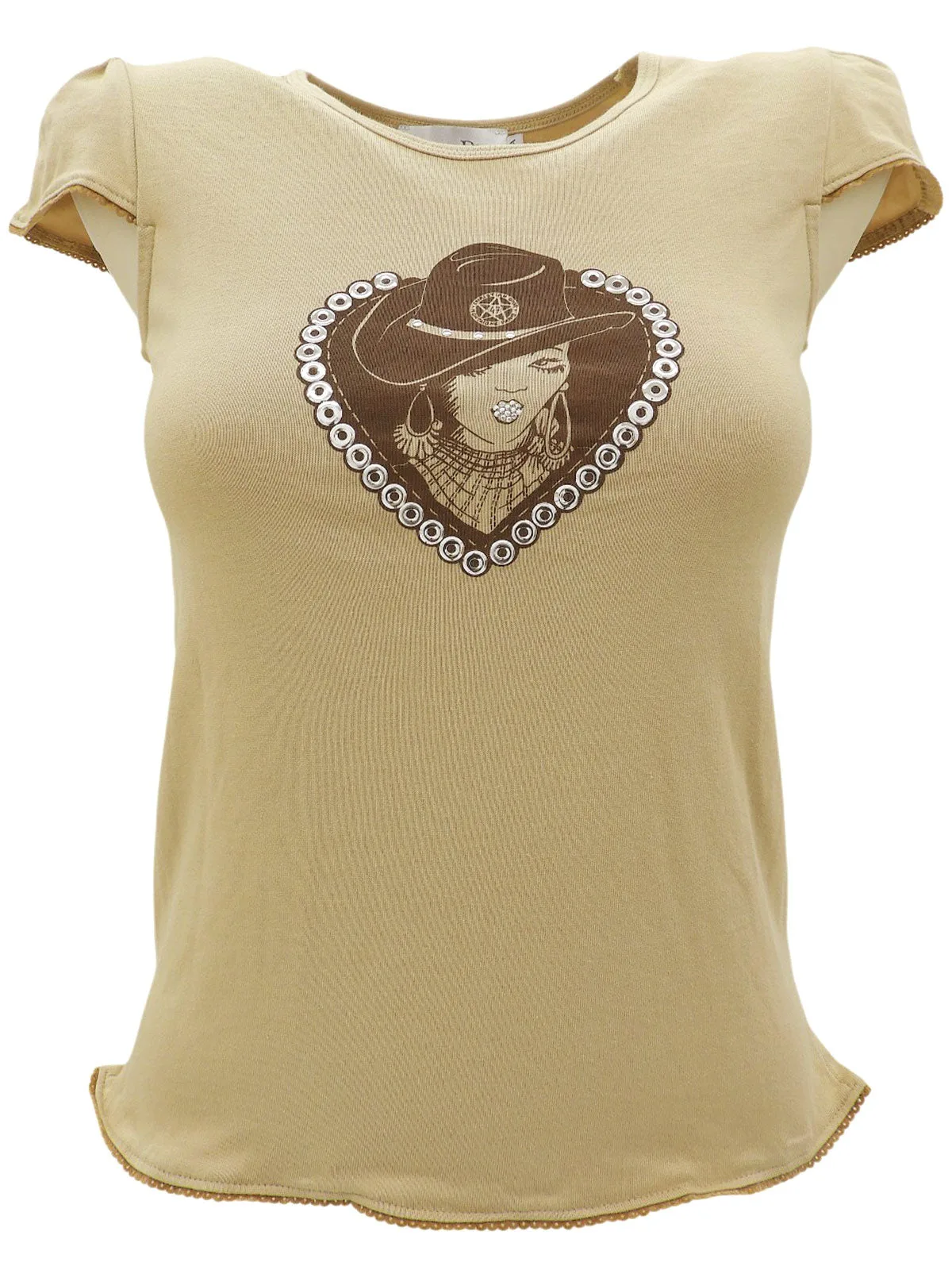 Rhinestone Cowgirl Motif T-shirt #12 Beige