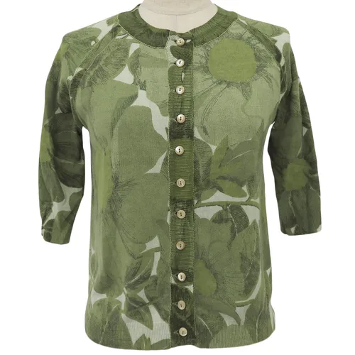 Leaf pattern quarter sleeve cardigan #S Green