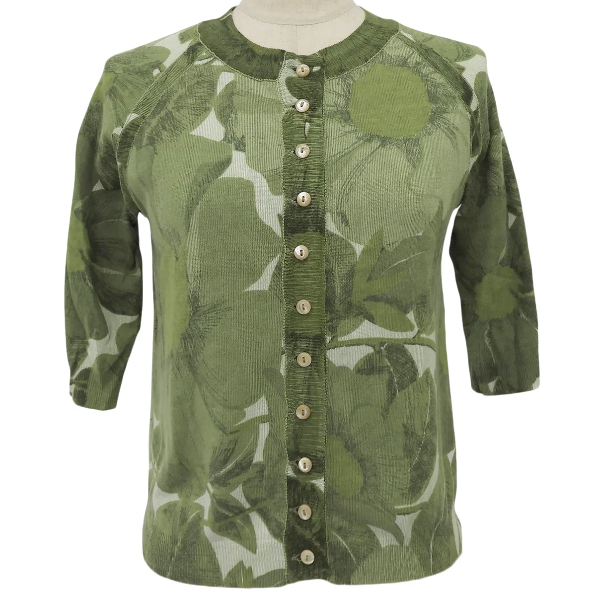 Leaf pattern quarter sleeve cardigan #S Green