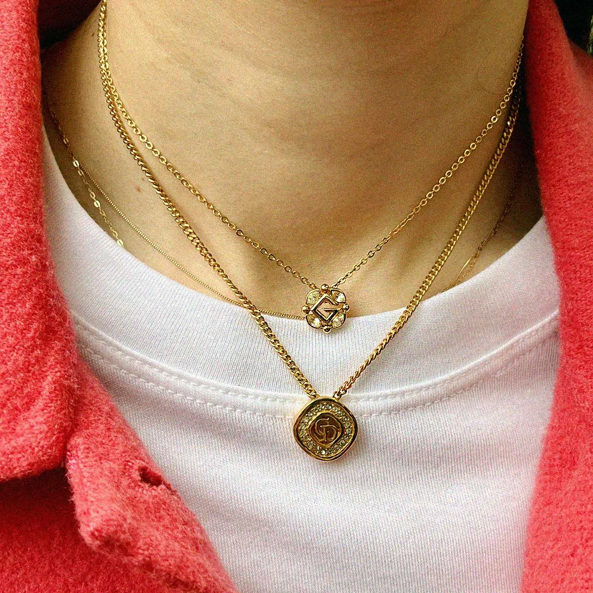 Rhinestone Logo Plate Necklace Gold