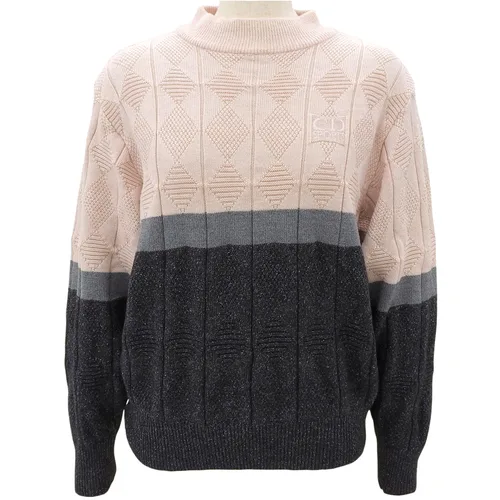 Logo Embroidered Knit Top #M Pink/Gray/Black Knit/Sweater