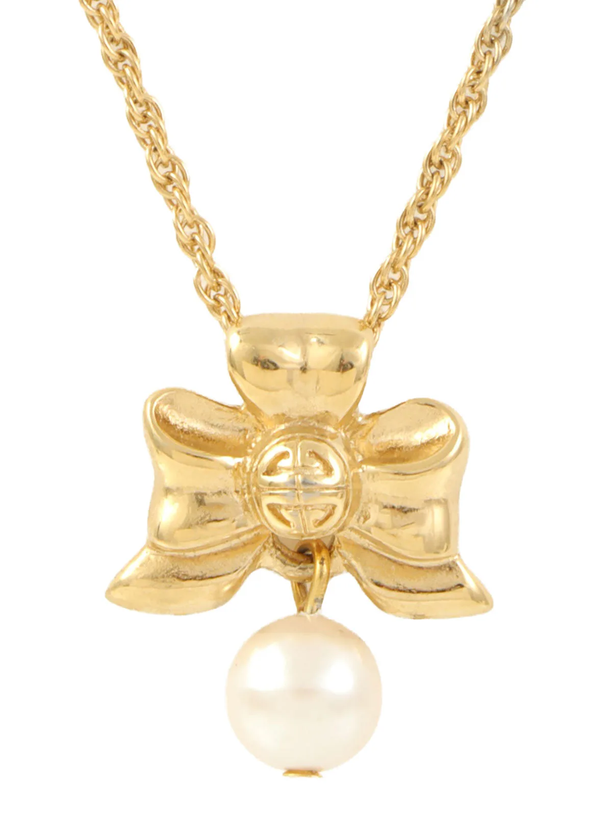 Pearl Ribbon Motif Necklace, Gold