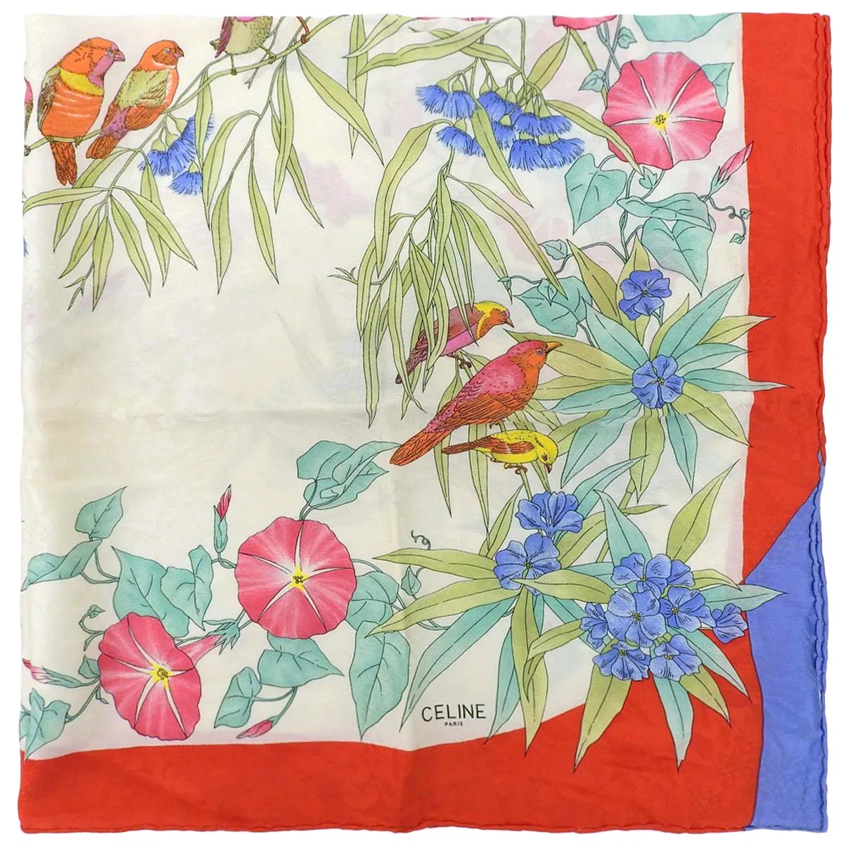 Flower Bird Pattern Scarf White/Red/Multi
