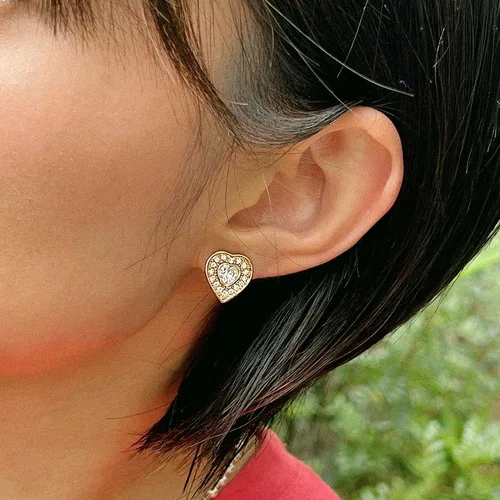 Rhinestone Heart Motif Earrings Gold