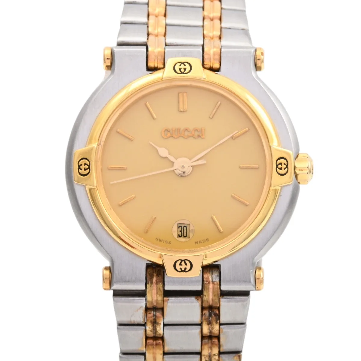 Round Logo Face Watch 9000L Quartz Champagne Wristwatch
