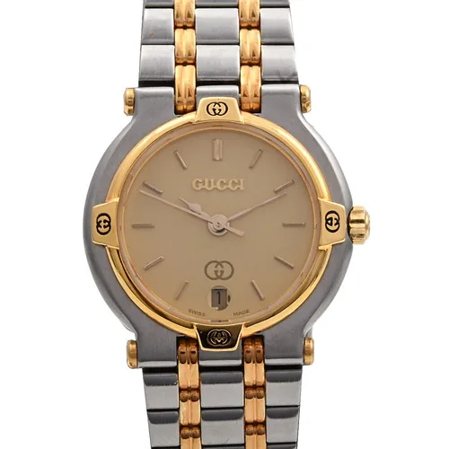 Round Logo Face Watch 9000L Quartz Champagne Wristwatch