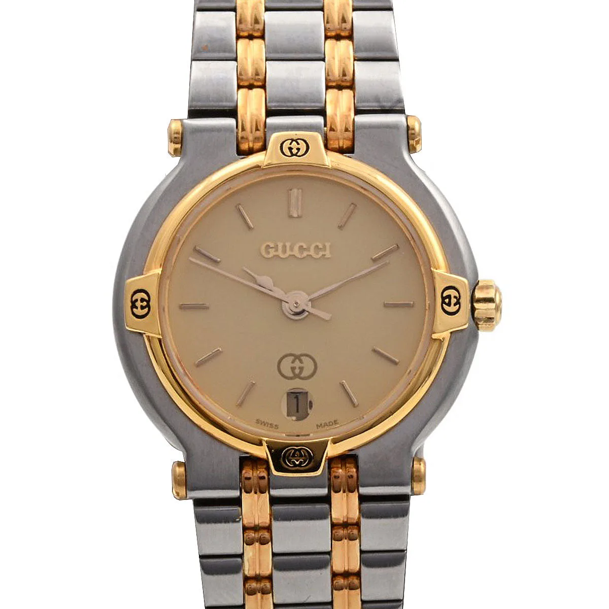 Round Logo Face Watch 9000L Quartz Champagne Wristwatch