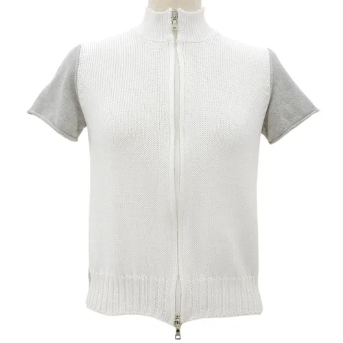 Two-Tone Zip-Up Short Sleeve Knit #42 Gray/White Knit/Sweater