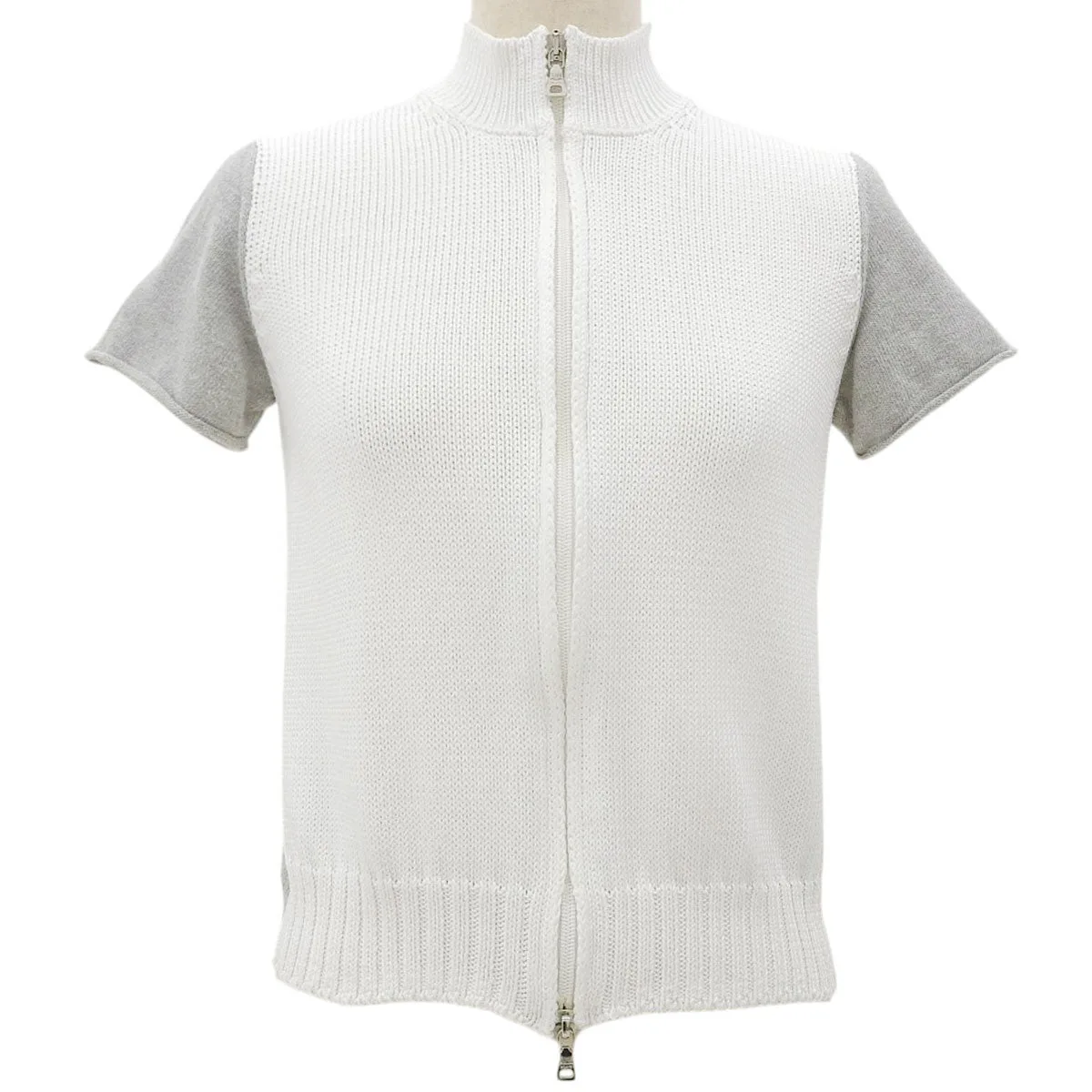 Two-Tone Zip-Up Short Sleeve Knit #42 Gray/White Knit/Sweater